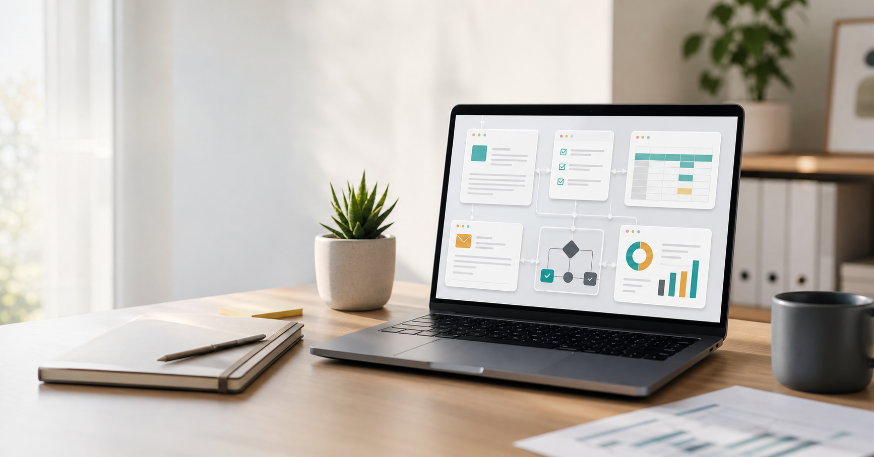 Modern AI office workspace with laptop, documents, and workflow panels